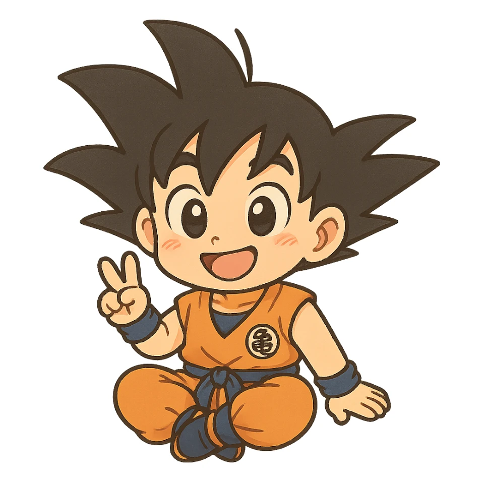 Goku, chibi style, big eyes, orange outfit, playful expression sticker
