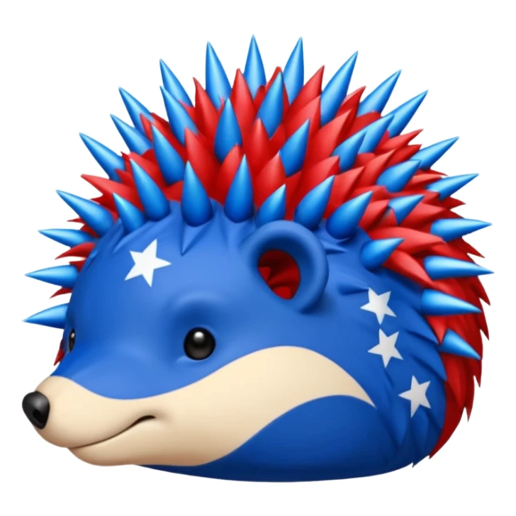 Red and blue Porcupine facing right. Bottom layer red: covers feet, round face with no facial features and 2 spikes. blue upper layer 6 spikes, 3 white 5 pointed stars in the middle of the blue. sticker