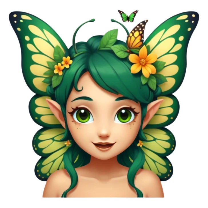 Cinematic Realistic Forest Fairy Portrait, head tilted dramatically with an exaggeratedly amused expression, featuring a striking, nature-infused form with glowing, sun-kissed tanned skin and vividly detailed dark green hair adorned with floral accents. Her expressive eyes brim with playful forest mischief, rendered with vibrant, lifelike textures and dynamic dappled lighting that conveys a spirited, over‐the‐top woodland whimsy showing her large butterfly wings from her back. sticker