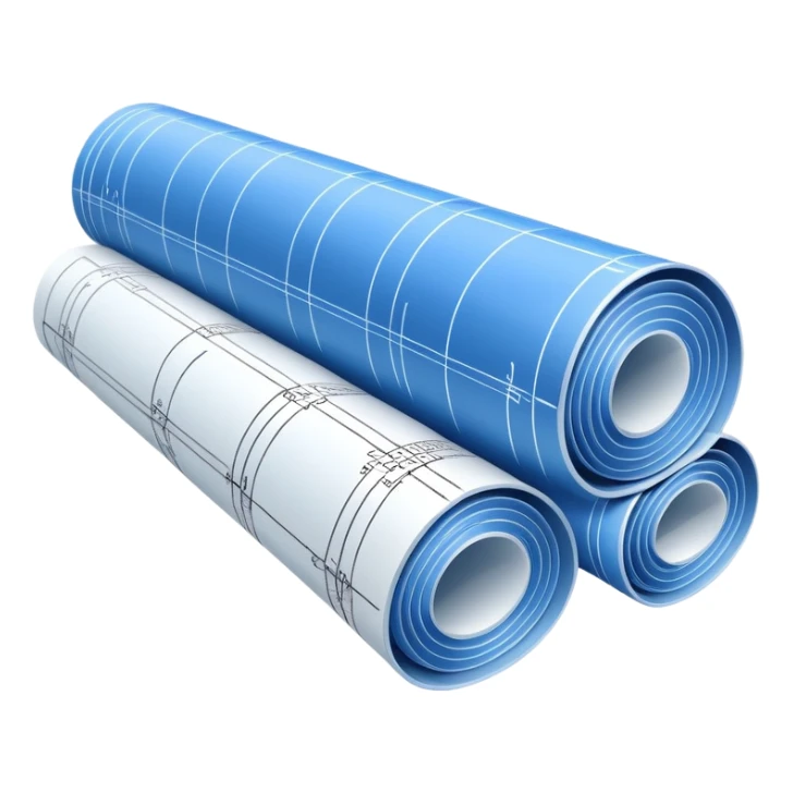 side perspective of a blue rolled-up blueprint plan with white lines sticker