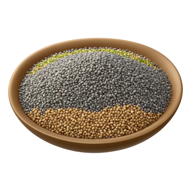 chia seeds small scatter tiny oval seeds black grey white smooth glossy light organic texture soft cluster no bowl spoon packaging no faces clean 3D soft shadows transparent background emoji scale sticker