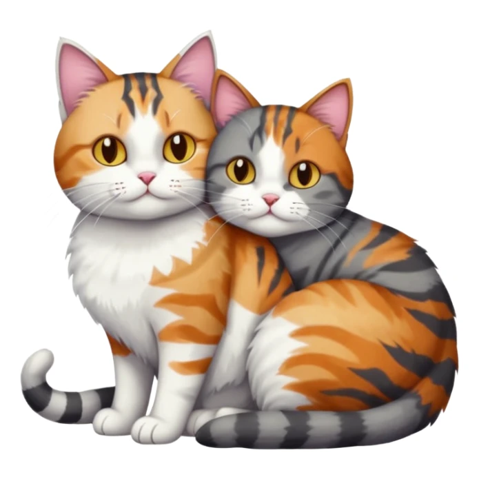 full body colourful light patched calico + white tabby cat cuddling a bigger cat that is dark grey and white tabby cat  and they are in love sticker