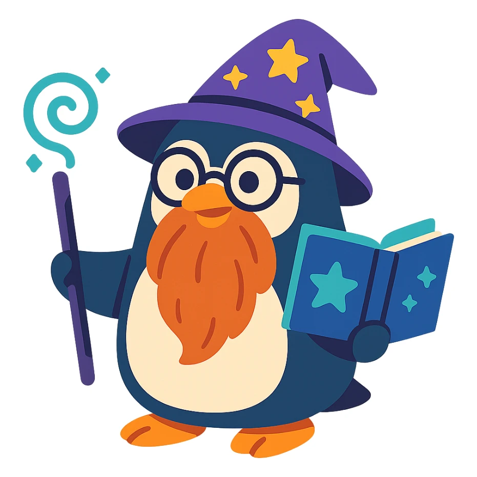 a chubby penguin wizard with glasses, a long beard, and a mystical book sticker