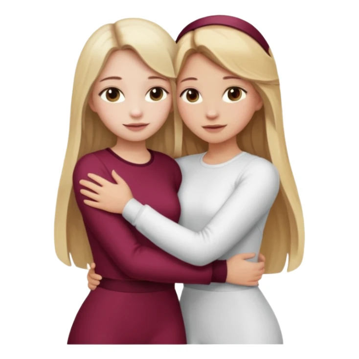 two girls who hug eachother. one has long dark blonde hair with blonde highlights and very pale skin , other has medium skintone and blush and medium blonde hair. girl with long dark blonde hair is wearing a white outfit and girl with blonde hair is wearing a burgundy outfit sticker