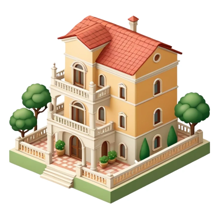 Italian villa, isometric dollhouse-style, realistic sticker