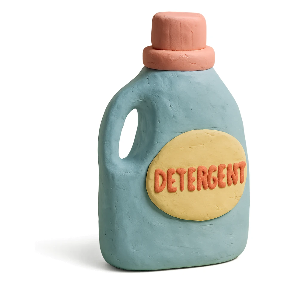 bottle of detergent in claymation style, pastel colors, visible fingerprints, soft matte finish sticker