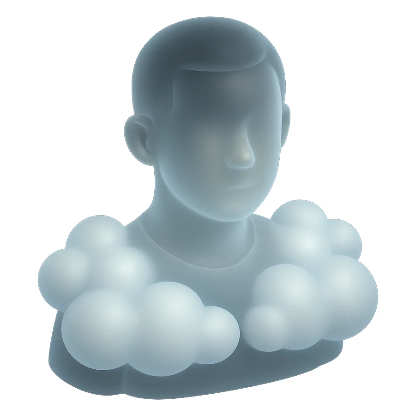 person looking straight ahead, shoulders filled with puffy white fluffy clouds, matte glass style sticker