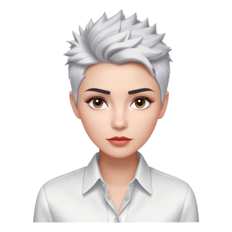 Marian Pabón with elegant facial features, light rosy complexion, expressive eyes, medium well-defined lips, sophisticated pronounced cheekbones, short spiky silver hair styled like a men's cut, dressed in a crisp white button-up shirt sticker