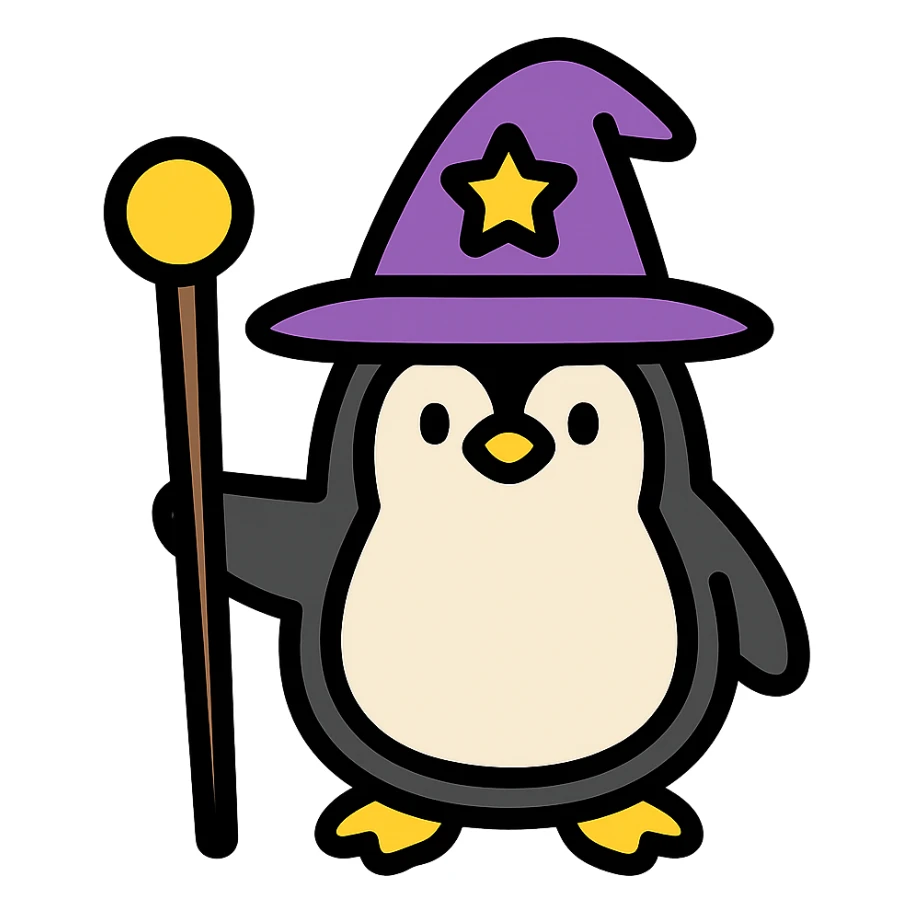 penguin wizard, magical, holding a staff, wearing a wizard hat sticker