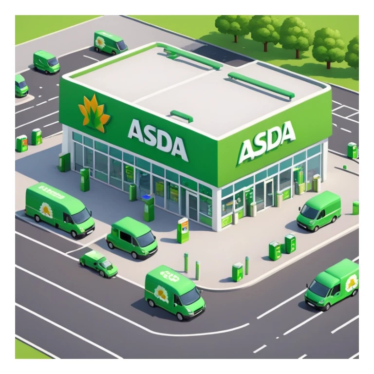 Isometric ASDA store with green logo, petrol station, large parking area, and delivery vans sticker