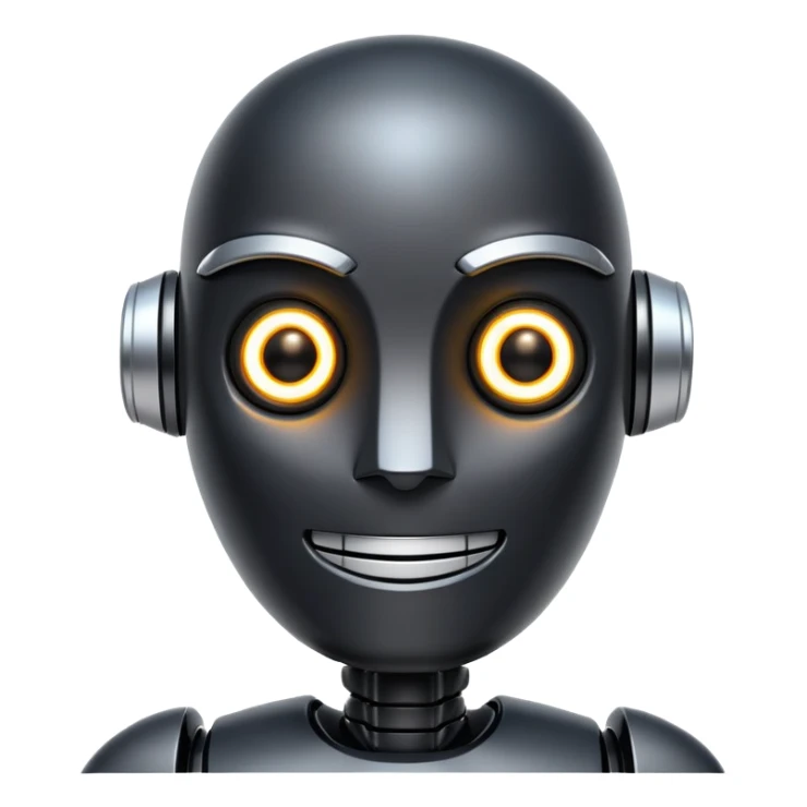 friendly modern face of a black robot with bright white led eyes, smiling, non-threatening sticker