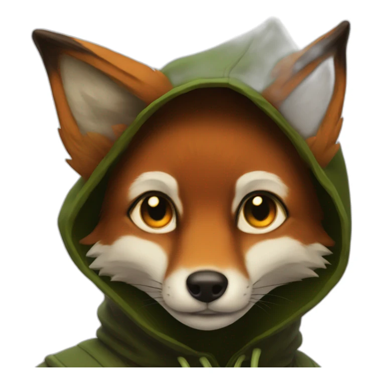 a small dark brown fox with orange eyes with a dark green hood sticker