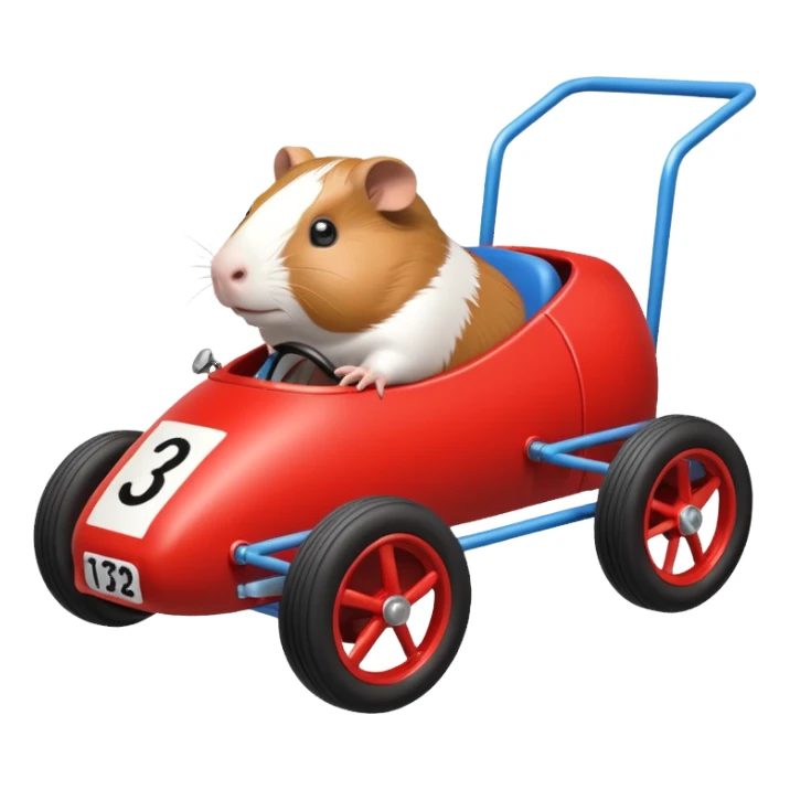 Special air-cooled three-cylinder race car whose frame and suspension is made of shopping cart material with a large rear-mounted gas tank, a soft racing seat, and rear spoiler, is being raced by a small Guinea pig sticker