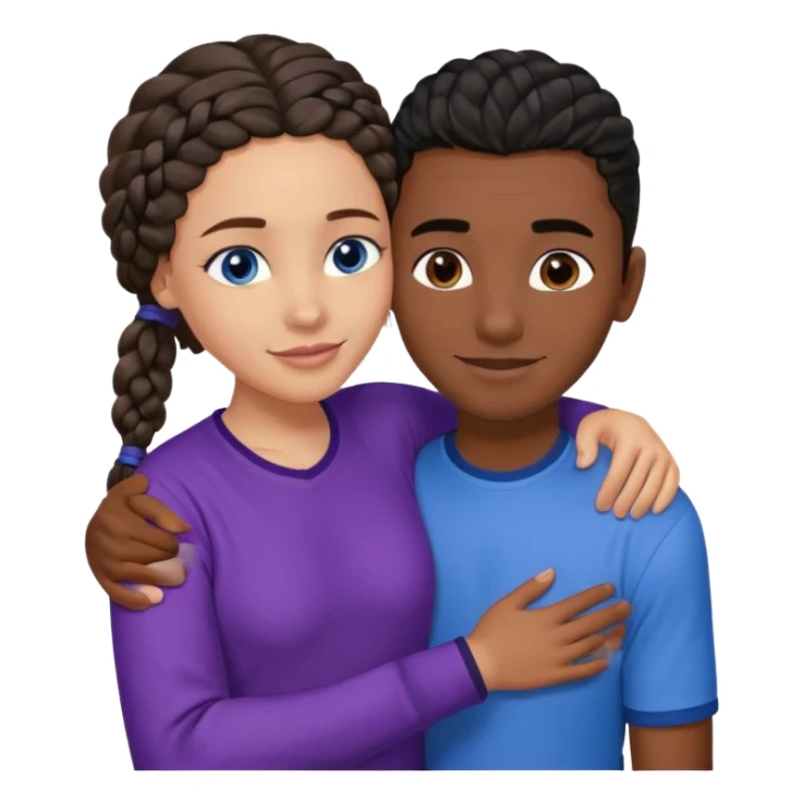 Boyfriend who is middle Easterntan olive skinned with blue eyes and wavy straight brown hair in a blue shirt and his African girlfriend who is very black skinned, juicy lipped with black braided hair and the two are hugging and smiling hugely she’s wearing purple and she has black eyes sticker