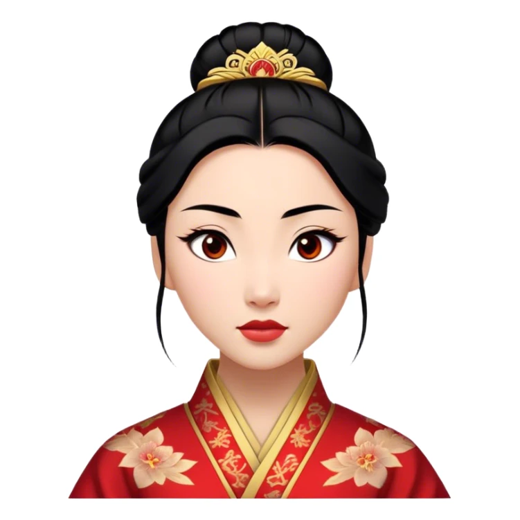 Cinematic Realistic Majestic Mulan Portrait, featuring finely rendered light skin with natural luminescence and expressive, determined eyes. Her black hair is styled with care into an elegant bun, and every fold of her traditional robe—adorned with subtle red motifs and refined gold trim—is depicted with intricate fabric detail. The scene is bathed in soft, natural light that enhances the depth and authenticity of the image, conveying a noble and serene aura that embodies timeless elegance and inner fortitude. sticker