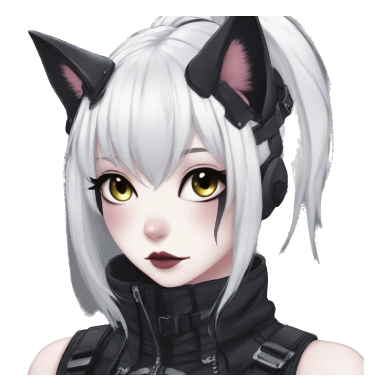 Gorgeous gothic dark techwear anime style anthro cat with blushing face aesthetic and pretty edgy black with collar and harness trending style sticker