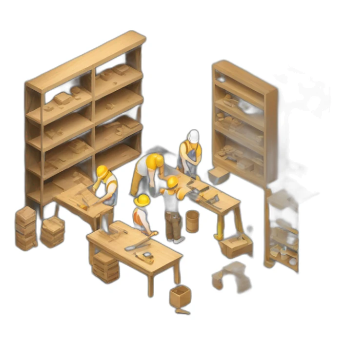 isometric square transparent solid outline border containing indoor woodshop people actively working concrete floor black tables metal shelves sticker