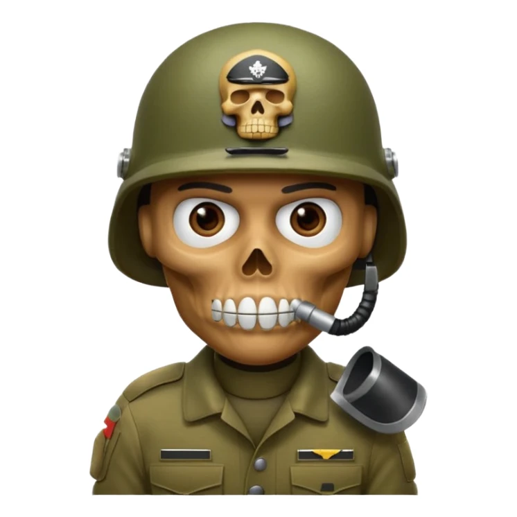 A bold emoji-style skull wearing a realistic army helmet,shushing . Clean vector style, high contrast, centered composition, modern emoji aesthetic, slightly dramatic lighting, detailed helmet texture, confident and intense expression, 3D glossy finish, high resolution. sticker