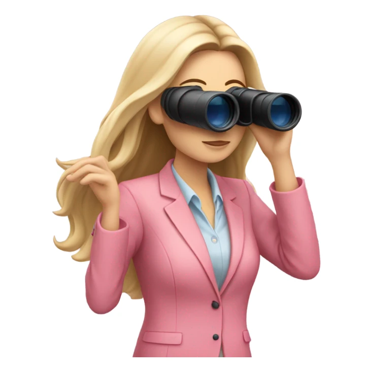 white female employee in pink suit using binoculars with long loose hair looking like secretary sticker