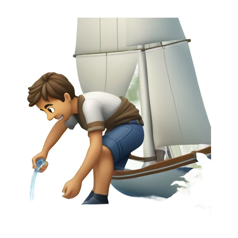 boy pouring water from a hose onto a sailboat  sticker