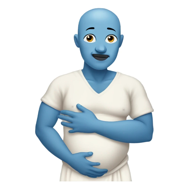 a blue skinned man with a stoic expression , pregnant, rubbing his belly. Bald. Side profile like the pregnant male emojji, cartoonishly simple face, they are rubbing the belly like a pregnant mother sticker