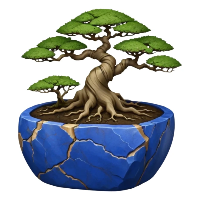 Aged bonsai two toned lapis blue terracotta Roots Stoneware akadama moss on soil irregular angular Stone Age rocks cracked crags and broken rough edges forming a very short shallow forest pot sticker