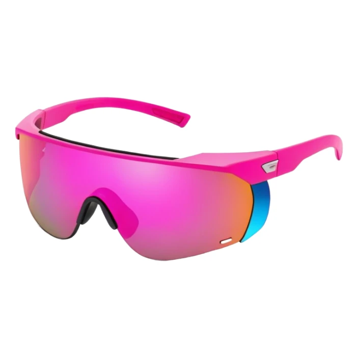 sporty pink shield visor sunglasses with robust thick frame, futuristic athletic design, substantial build, mirrored one-piece lens sticker