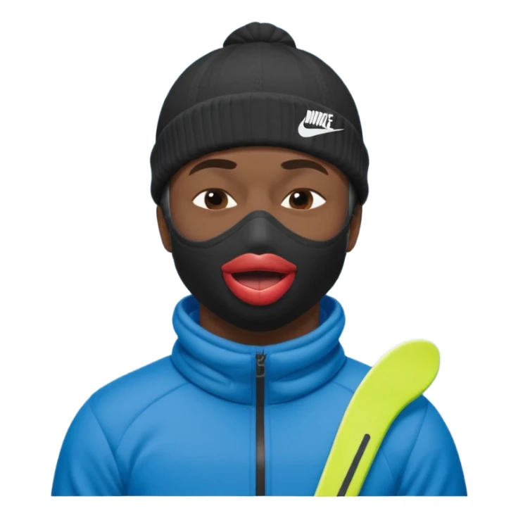 black guy with nike ski mask on squinching his face with his lips puckered trying to hold his laugh with his eyes closed sticker