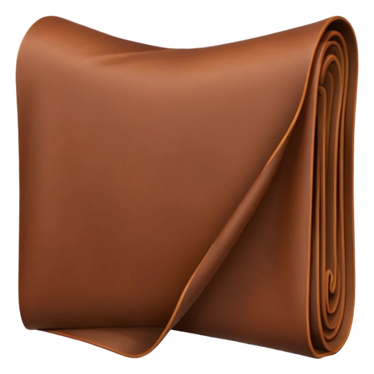 Apple-style 3D emoji of a rolled sheet of industrial leather, smooth surface, deep brown color, soft sheen, folded like fabric, with slight creases showing its texture. sticker