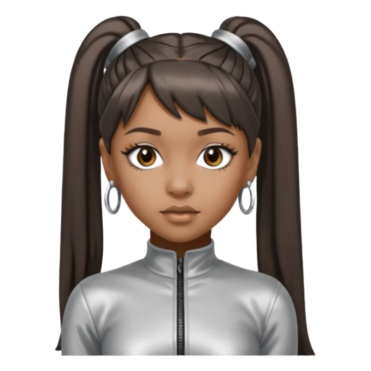 Left Eye from TLC with long dark brown ponytail hair, silver outfit sticker