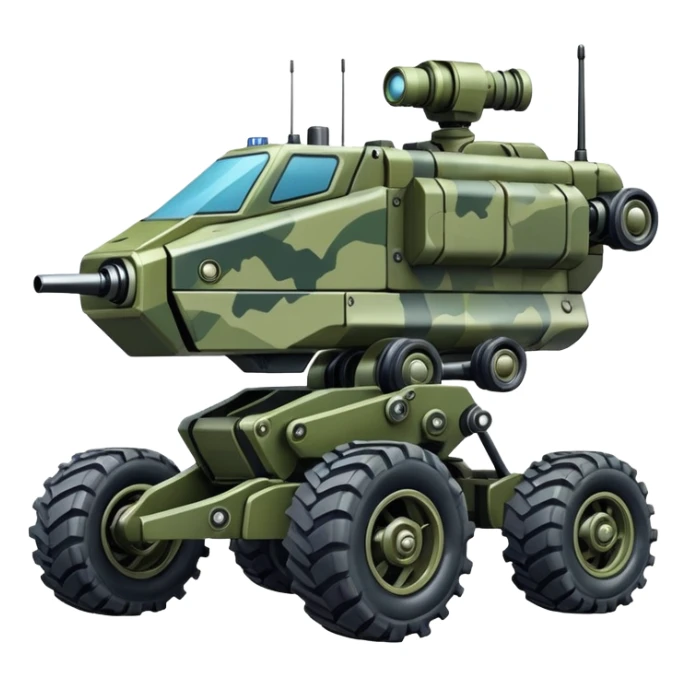 a 4-wheel camouflage army massive mech trail vehicle shooting forward side-hill leaning actively suspended pod gimbal enemy mech off-road racing rover with large fast engine  sticker