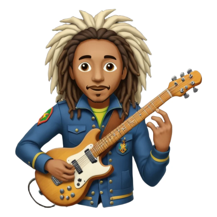 Bob Marley with dread locks play electric guitar in form heraldic crest sticker