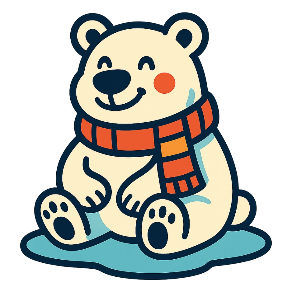 happy polar bear with a scarf, sitting on ice, looking content despite the cold sticker
