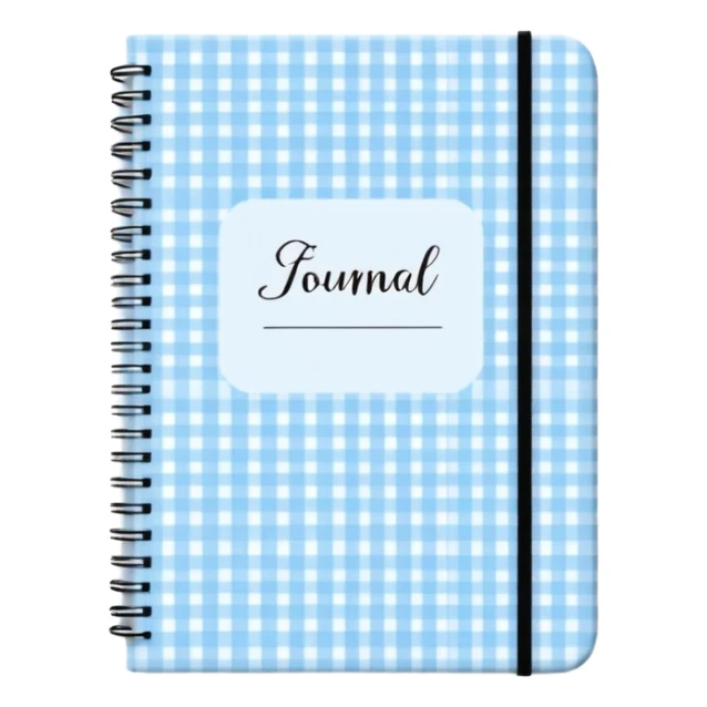 Cute  journal cover, pastel blue gingham pattern
Handwritten feminine typography, soft aesthetic, cozy girl vibe
Clean product mockup, minimal shadows, lifestyle stationery style sticker