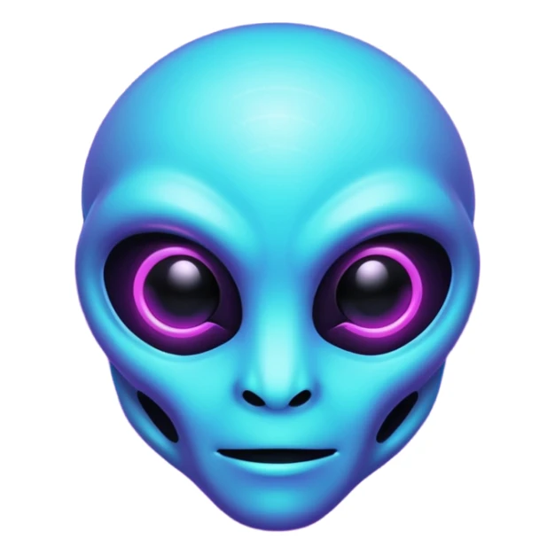 futuristic glowing pixel game alien emoji face, purple and cyan neon light, dark background sticker