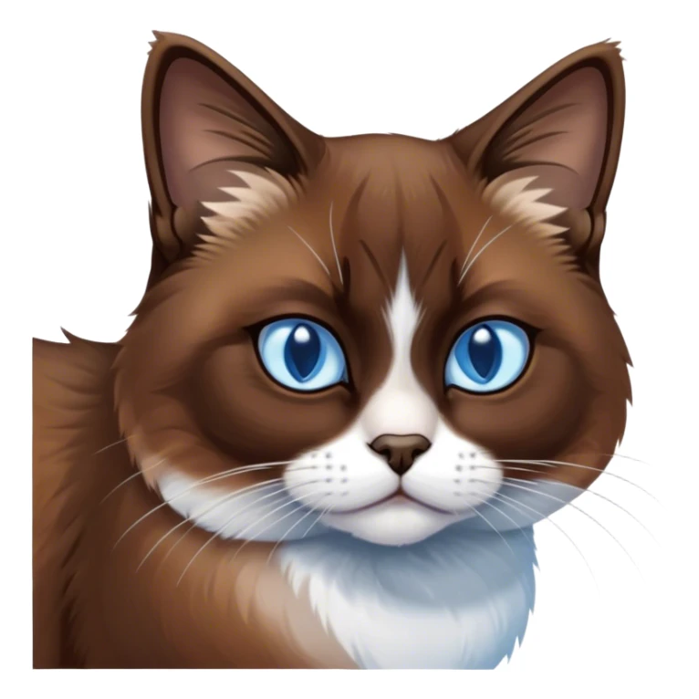 Cinematic Grumpy Brown Mantle Snowshoe Cat Portrait Emoji, Head tilted slightly with a deeply unimpressed expression, rich brown fur blanketing its back, contrasted by its signature white paws, chest, and face, piercing icy-blue eyes narrowed into an unamused glare, Simplified yet comically expressive features, highly detailed, glowing with a dry, sarcastic glow, high shine, effortlessly judgmental yet dignified, stylized with a touch of cynicism, bright but brooding, soft glowing outline, capturing the essence of an eternally unimpressed yet endearing feline, so lifelike it feels like it could sigh heavily at you in disdain at any moment! sticker