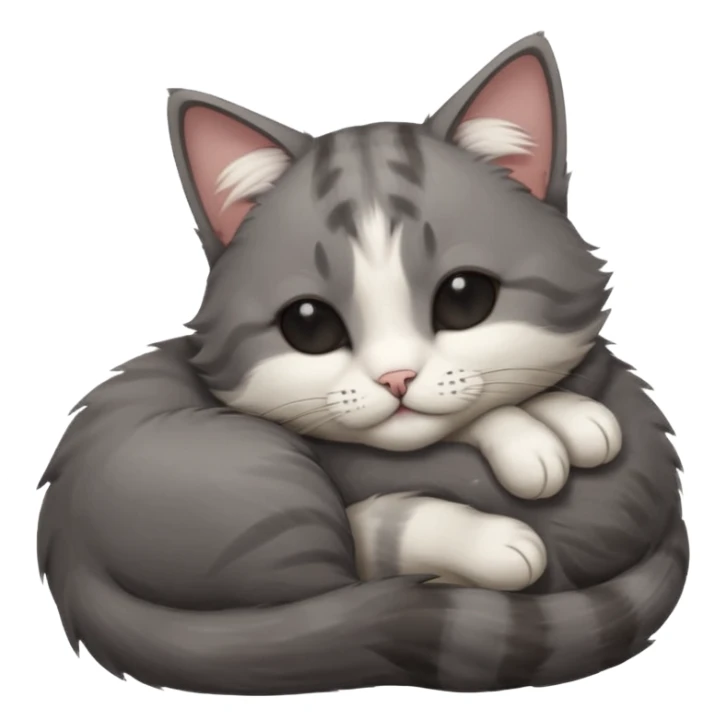 dark grey and white small cat with his eyes closed, leaning his head on his paw while leaning on his elbow lying down sticker