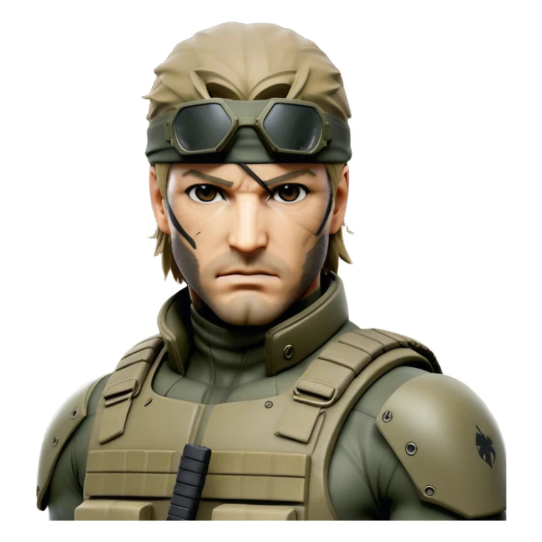 Cinematic Realistic Metal Gear Solid Snake Soldier Portrait, head tilted epicly and inquisitively, showcasing a commanding presence and tactical acumen. His weathered face, intense eyes, and meticulously rendered combat gear in muted earth tones are brought to life with lifelike clarity and dramatic lighting, high shine, epic and awe-inspiring, embodying the covert prowess of a true warrior of the shadows. sticker