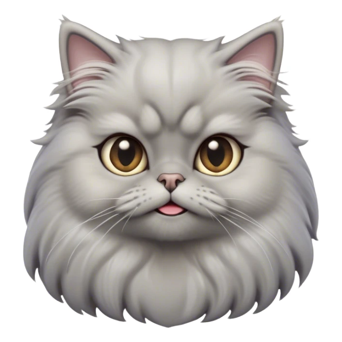 Cinematic Derpy Grey Persian Cat Portrait Emoji, Head tilted playfully with an adorably awkward expression, fluffy grey fur with soft silver undertones, Simplified yet hilariously derpy features, highly detailed, glowing with a warm but slightly confused glow, high shine, a mix of lazy and clueless, stylized with a touch of whimsy, bright but with a completely derpy and grumpy face, soft glowing outline, capturing the essence of a quirky yet chubby, grumpy kitty, so endearing it feels like it could stretch out of the screen and demand attention with its wonderfully derpy charm! sticker
