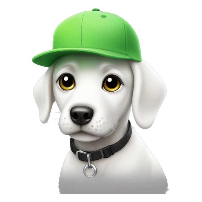 White puppy with one black ear and an engra spot on his left eye, wearing a lime green cap sticker