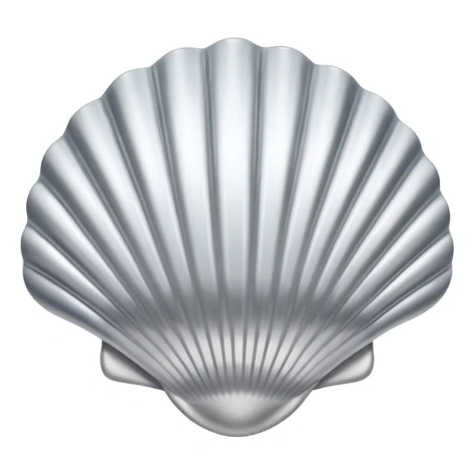 A seashell emoji made of polished silver chrome, smooth curved surface, reflective metallic highlights, elegant minimal design, iOS emoji style, centered, clean white background, soft lighting sticker