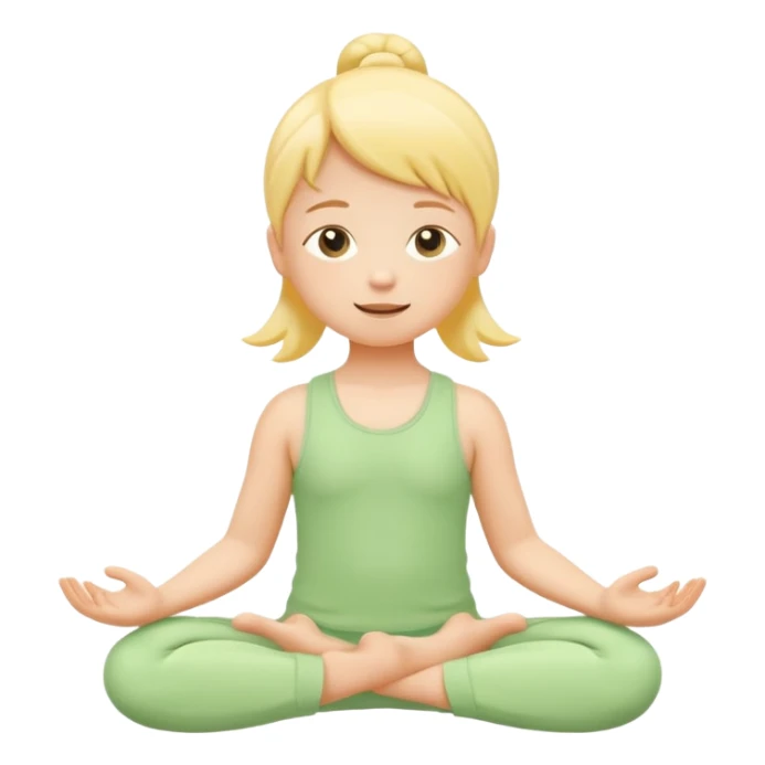 Flat illustration emoji of a small child practicing yoga, simple pose, calm and happy expression, soft pastel colors (yellow, green, soft orange), rounded shapes, minimal details, child-friendly, gentle and warm style, vector illustration, no background, cohesive style with kindergarten branding sticker