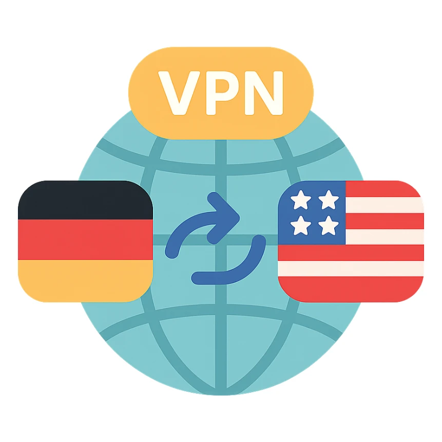 VPN globe icon showing a connection from Germany to the USA, flat color style, no text, suitable for Instagram Reel sticker