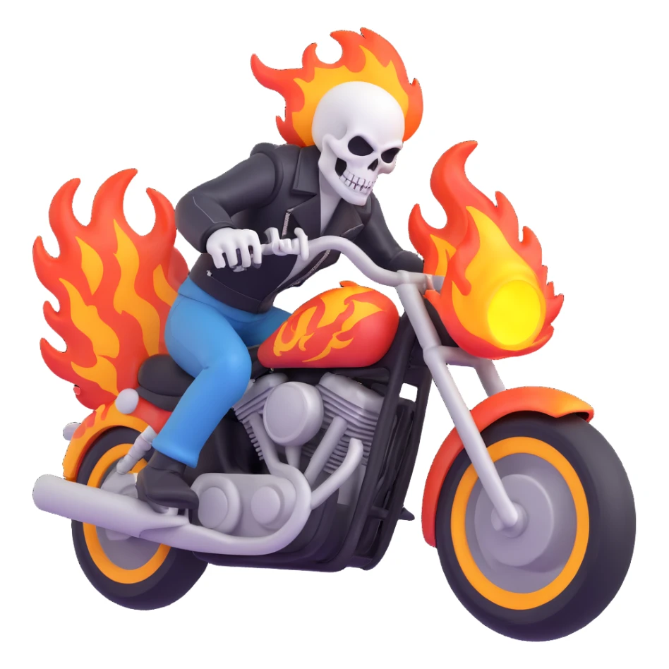 Ghost Rider riding a motorcycle with flames, dynamic action, 3D style sticker