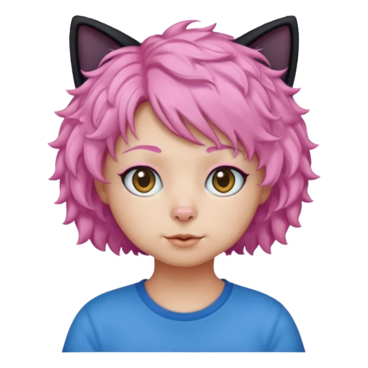 Black cat wearing a short curly pink hair wig, blue T-shirt sticker