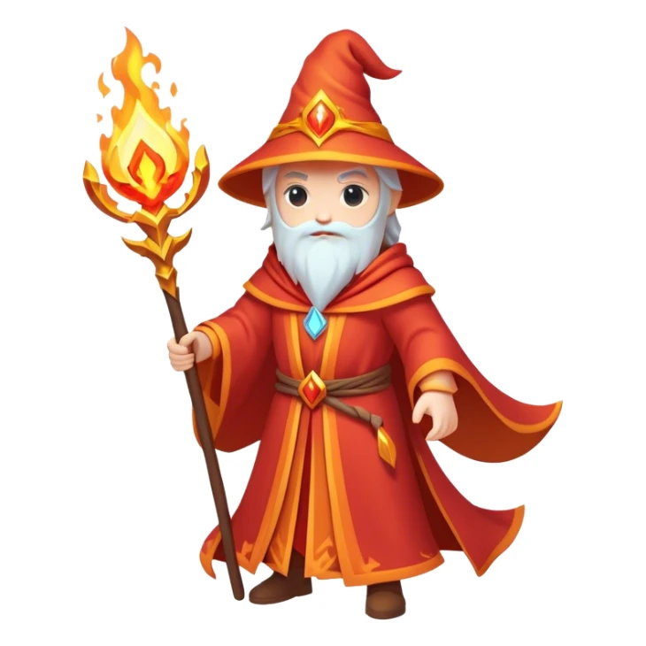 Clash of Clans aesthetic: Cinematic heroic powerful fire Wizard Hero  close up Emoji, rendered in a 3D vector-style similar to standard emojis with minimal shading and bold, simplified shapes. A compact, isometric figure draped in flowing enchanted robes and wielding a mystical staff, softly glowing with an arcane magical charm. Simplified yet unmistakably iconic, highly detailed and consistent, glowing with a soft radiant glow and high shine. Stylized with a touch of whimsical sorcery and a soft glowing outline, capturing the essence of a powerful wizard ready to cast spells with a friendly, playful spirit! sticker