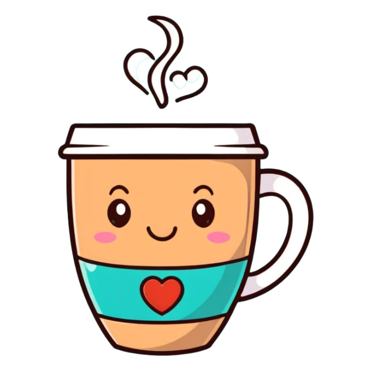 smiling hot coffee cup with heart-shaped steam, mocha brown tones, kawaii soft hand-drawn sticker