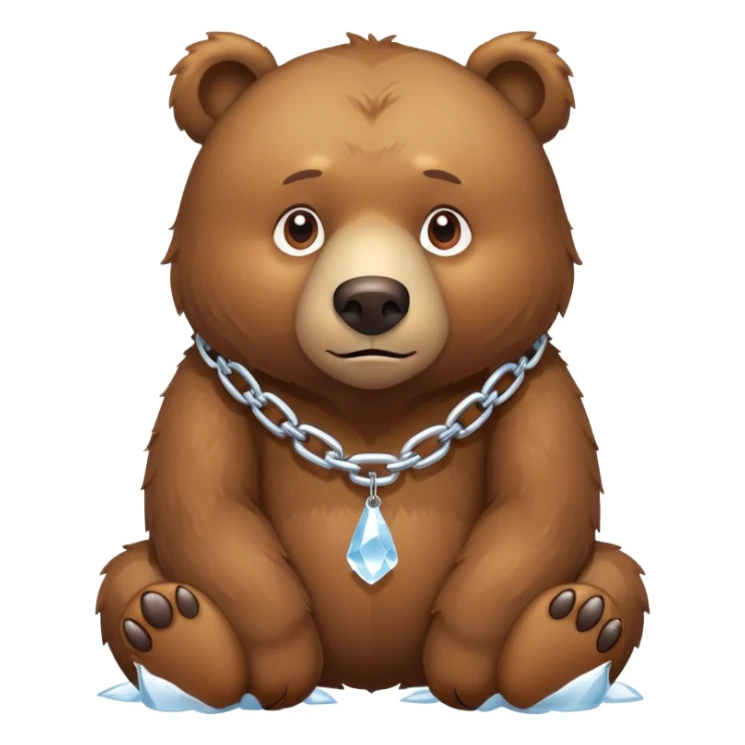Realistic brown bear on all four legs with serious expression, wearing a simple chain made entirely of ice around its neck, nothing hanging from it sticker