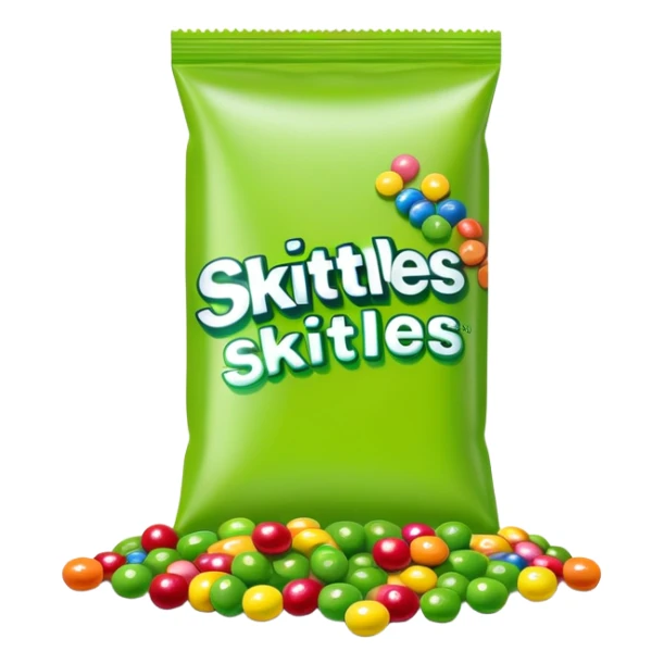 Colorful Skittles package with green candies scattered around it sticker
