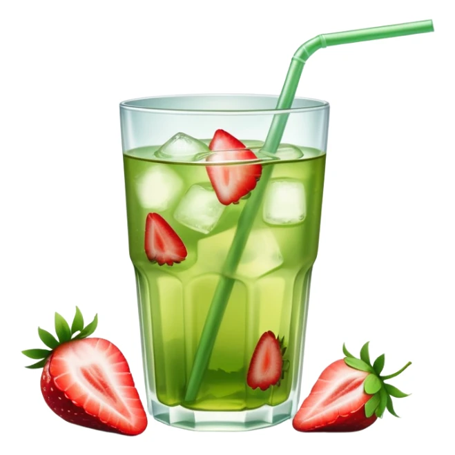 glass of iced green tea with strawberry slices sticker
